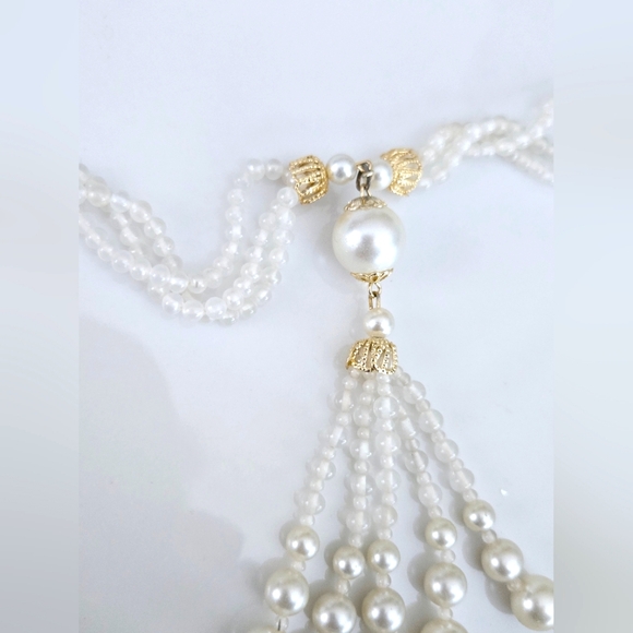 Vintage Faux Pearl Six Strand Goldtone Accents Multi Tassel Necklace - Picture 8 of 9